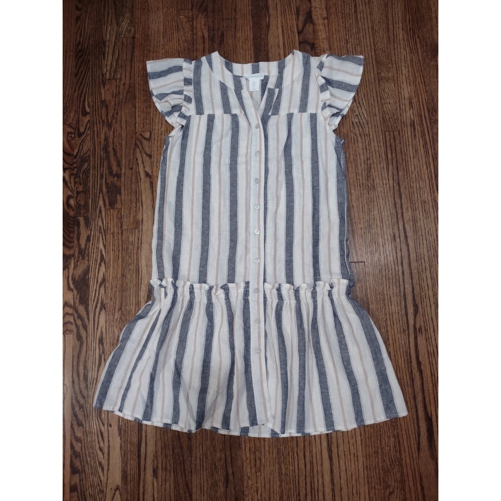 Cynthia Rowley Linen Blend Striped Dress XS Blue Beige Ruffle Flutter Sleeve...